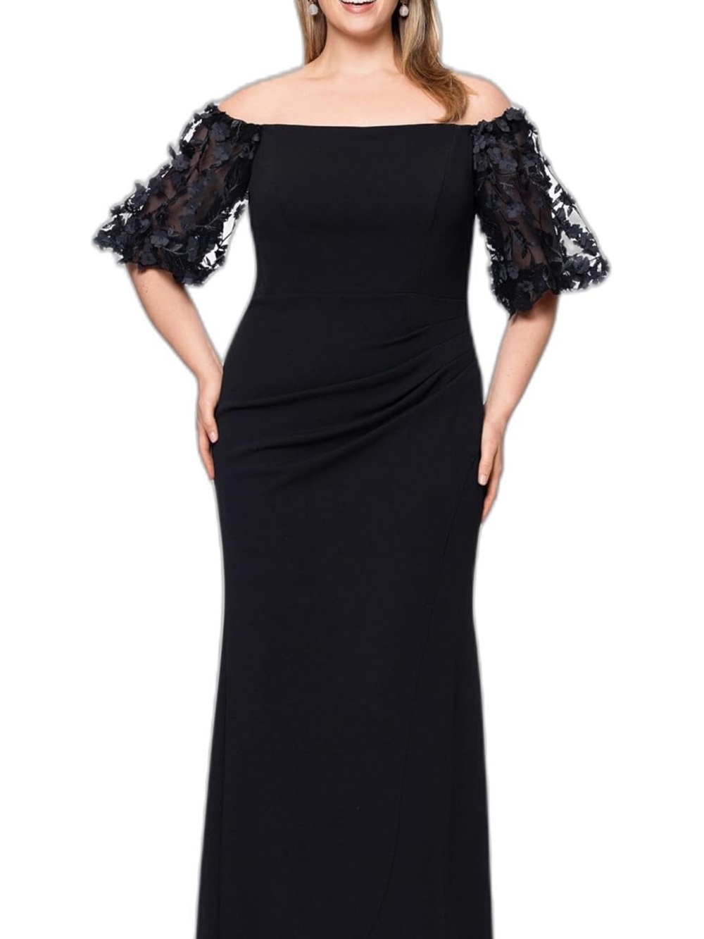 Xscape Black Off-Shoulder Maxi Dress with Floral Lace Sleeves